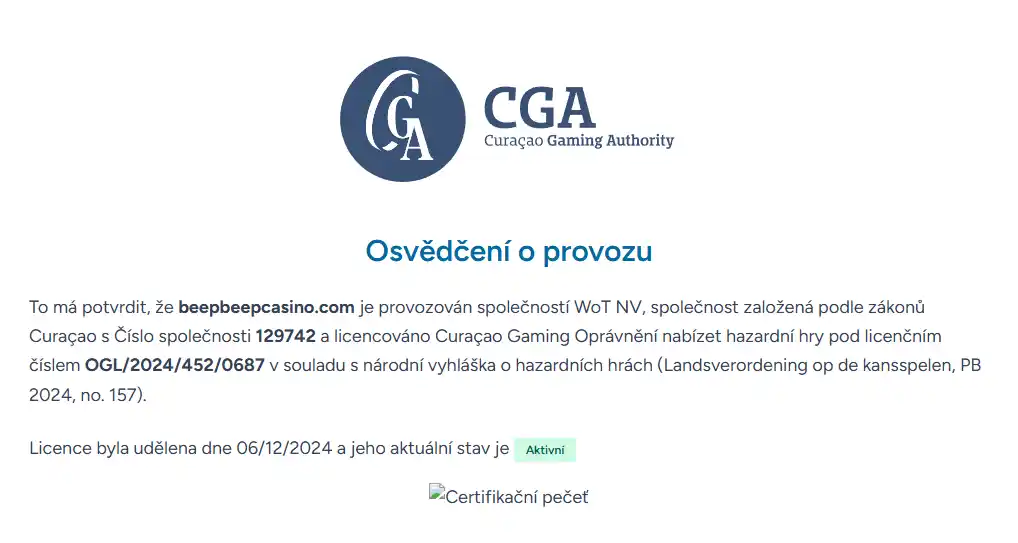 Certifikát Curaçao Gaming Authority pro provozovatele BeepBeep Casino