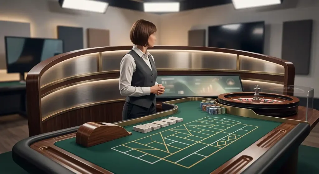 Ilustrační živý casino stůl s ruletou a kartami bez konkrétní značky